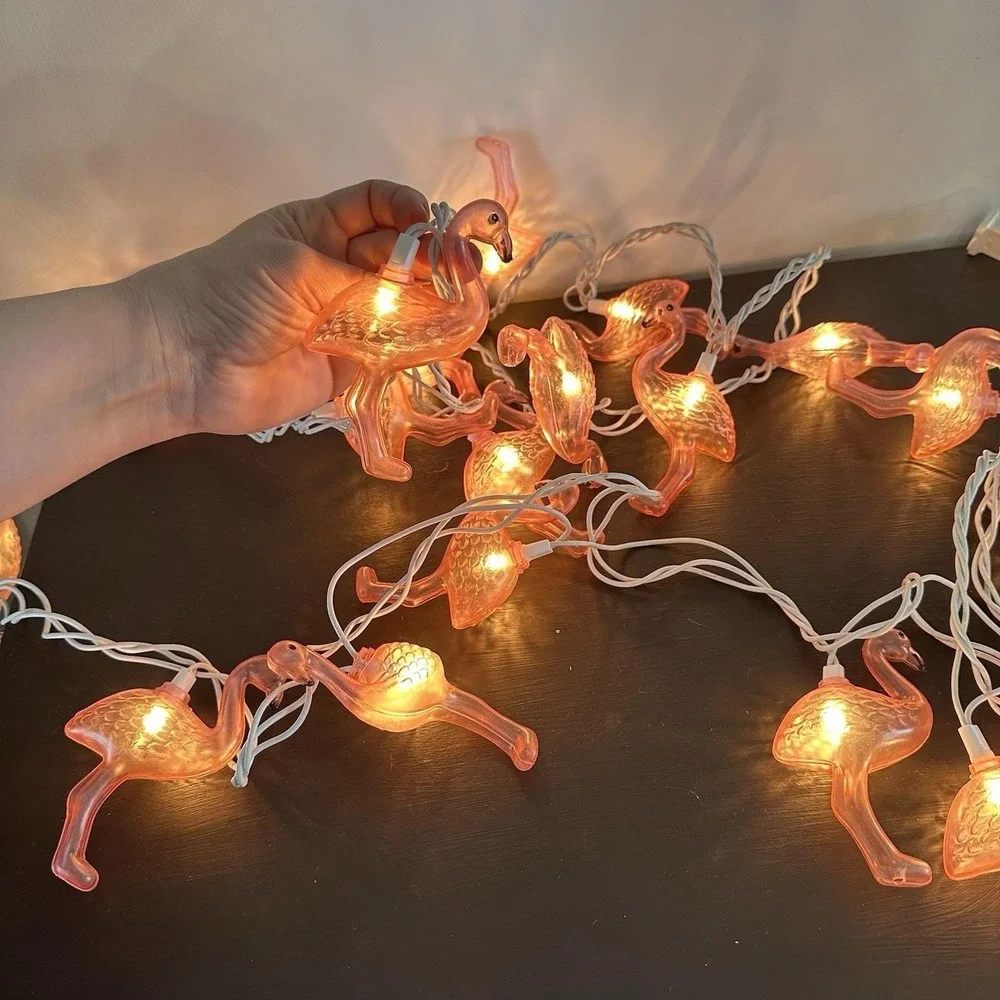 VTG 2 Strands Blow Mold 20 Flamingo String Lights Tropical Party Luau READ‎ Pink